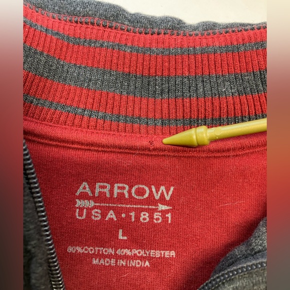 Men’s Pullover Sweatshirt, Large, Gray w Red Trim, Quarter Zipper, Arrow - Picture 5 of 6